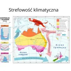 Mapa stref klimatycznych Australii i Oceanii, z zaznaczonymi prądami morskimi i typami klimatu.