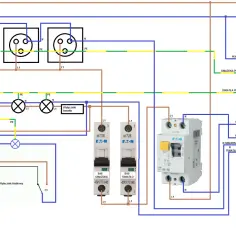 Schemat instalacji elektrycznej TNC z gniazdkami, oświetleniem i wyłącznikami.