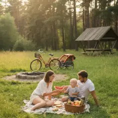 Rodzina na pikniku w Kampinosie. Słońce przebija się przez drzewa, rower z przyczepką czeka obok paleniska. To jedne z wielu kampinoskich atrakcji.