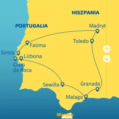 Mapa turystyczna Półwyspu Iberyjskiego z trasą przez Portugalię, która graniczy z Hiszpanią, obejmująca Lizbonę, Fatimę, Sewillę i Malagę.
