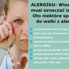 Kobieta z zaczerwienionym okiem i ręką przy twarzy, na tle tekstu o walce z alergią.
