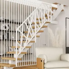 Nowoczesne balustrady na schody w białym kolorze, z drewnianymi stopniami, tworzą lekkość i elegancję w nowoczesnym wnętrzu.