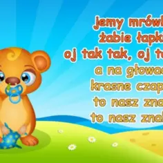 Mały, pomarańczowy stworek z niebieskim smoczkiem w buzi i zabawką w łapkach. Tekst: "Jemy mrówki, żabie łapki, oj tak tak, oj tak tak, a na głowach krasne czapki, to nasz znak, to nasz znak. My jesteśmy krasnoludki tekst.
