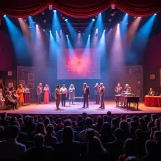 Scena teatralna z aktorami i widownią. Spektakl w teatrze trwa, światła reflektorów oświetlają scenę, na której rozgrywa się akcja.