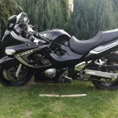 Czarny motocykl Suzuki GSX 600 F Katana na trawie. Idealny do sprawdzenia suzuki gsx 600 f dane techniczne przed zakupem.