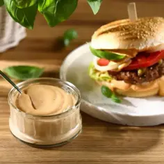 Pyszny sos do burgera w słoiczku, obok soczystego burgera z sałatą, pomidorem i cebulą. Idealny dodatek do każdej kanapki.