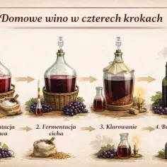 Ilustracja pokazuje cztery etapy domowej produkcji wina: fermentację burzliwą, cichą, klarowanie i butelkowanie.