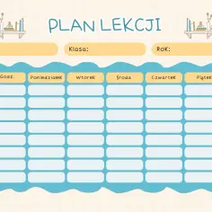 Uroczy plan lekcji dla klasy 4. Zeszyty, ołówki i półki z książkami tworzą przyjazną atmosferę do nauki.