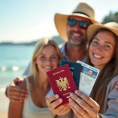 Rodzina na plaży trzyma paszporty. Czy do Hiszpanii potrzebny jest paszport? Tak, jeśli podróżujesz spoza strefy Schengen.