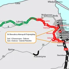 Mapa pokazuje przebieg S6 Obwodnica Metropolii Trójmiejskiej, łączącą Słupsk z Trójmiastem.