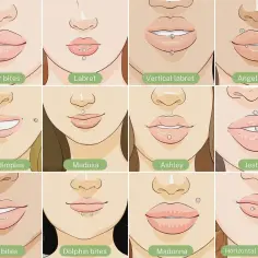 Ilustracje różnych kolczyków w ustach, w tym labret. Dowiedz się, jak odkrecic labret i inne rodzaje kolczyków.
