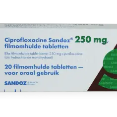 Opakowanie leku Ciprofloxacine Sandoz 250 mg, zawierające 20 tabletek powlekanych do stosowania doustnego.