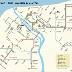 Schemat komunikacji miejskiej Kołobrzegu. Znajdź najlepszą trasę, aby dojechać do Kołobrzegu, korzystając z linii autobusowych i tramwajowych.