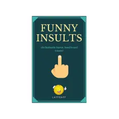 Okładka książki "Funny Insults" z napisem "180 fantastic burns, insults and roasts!". Pokazuje środkowy palec i śmiejącą się buźkę. To jest właśnie ten słynny roast!
