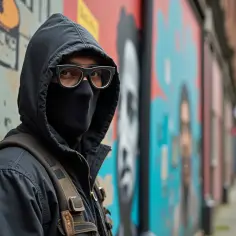 Tajemnicza postać w masce i okularach, jak Banksy, pozuje na tle kolorowego muralu.