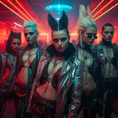 Kobiety w błyszczących strojach, w klubowej atmosferze, wpadają w **trance** pod wpływem pulsujących świateł i muzyki.