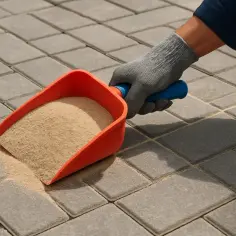 Ręka w rękawicy sypie piasek na kostkę brukową, przygotowując ją do fugowania.