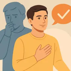 Pokonaj lęk przed ludźmi! Uśmiechnięty mężczyzna z ręką na sercu i dymkiem z zaznaczeniem, symbolizujący sukces w przezwyciężaniu nieśmiałości.