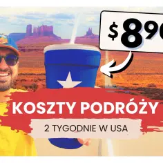 Uśmiechnięty mężczyzna na tle Monument Valley. Obok napis "Koszty podróży 2 tygodnie w USA" i cena $890. Sprawdź, ile kosztuje bilet do USA w dwie strony!