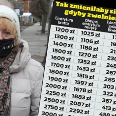 Kobieta w czapce i masce z napisem "Friends" obok tabeli pokazującej, jak wzrosłaby emerytura bez podatku.
