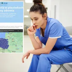 Zamyślona pielęgniarka w niebieskim mundurku, obok mapa pokazująca wynagrodzenia pielęgniarek i położnych.