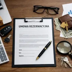 Na biurku leży umowa rezerwacyjna, klucze do domu, pieniądze i kalkulator. To wszystko potrzebne do opłaty rezerwacyjnej.