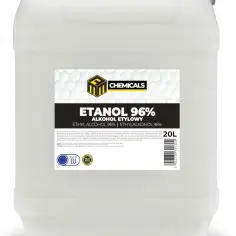 Duży, biały kanister z etykietą informującą o zawartości 20L etanolu 96%. Idealny do dezynfekcji i czyszczenia.