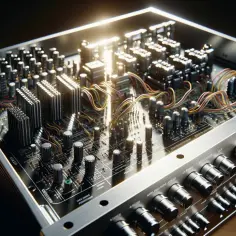 Wnętrze wzmacniacza z widocznymi elementami elektronicznymi i przewodami. Dowiedz się, jak zmostkować wzmacniacz, by uzyskać lepszą moc.
