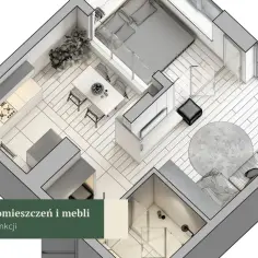 Projekt mieszkania z kuchnią, salonem, sypialnią i łazienką. Aranżacja zgodna z zasadami feng shui, zapewniająca harmonię i przepływ energii.