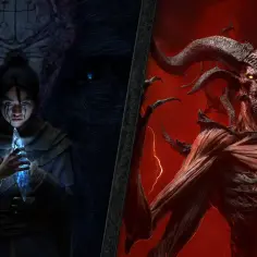 Mroczna postać z kryształem w dłoniach, obok przerażającego demona, przypominającego Mephisto z Diablo.