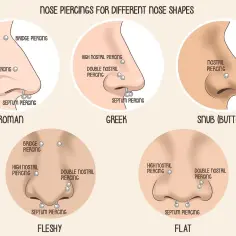 Ilustracja pokazuje różne rodzaje kolczyków w nosie, w tym kolczyk w nosie kółeczko w septum.