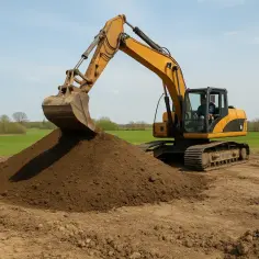 Koparka zrzuca ziemię, pokazując, ile można podnieść grunt na działce.