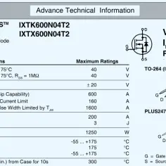 Schemat i dane techniczne tranzystora MOSFET IXTK600N04T2, pokazujące jak działa tranzystor dzięki napięciu bramki.