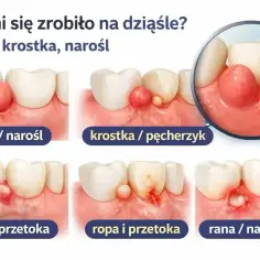 Ilustracja pokazuje różne zmiany na dziąśle: guzek, krostkę, ropę i przetokę, ranę. Może to być objaw bólu zęba, lek.