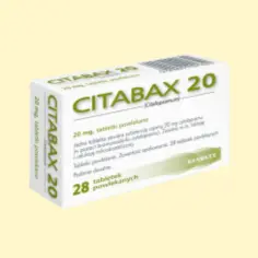Opakowanie leku Citabax 20 mg, stosowanego na depresję i inne zaburzenia nastroju. Zawiera 28 tabletek powlekanych.