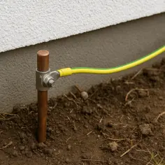 Miedziany pręt wbity w ziemię, połączony żółto-zielonym przewodem z budynkiem. Pokazuje, jak zrobić uziemienie w starej instalacji.
