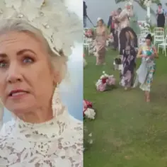 Emocje na ślubie od pierwszego wejrzenia Australia. Zaskoczona kobieta w koronkowej sukni i ozdobnej fryzurze, w tle ślubna ceremonia na trawie.