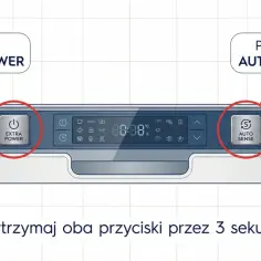 Aby włączyć Machine Care w zmywarce, przytrzymaj przyciski EXTRA POWER i AUTO SENSE przez 3 sekundy.