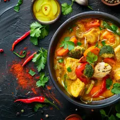 Zupa curry z kurczakiem, warzywami i mleczkiem kokosowym