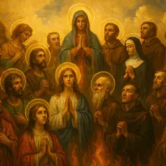 Obraz przedstawia grupę świętych, w tym Matkę Boską i anioła, otoczonych płomieniami. Wśród nich rozpoznajemy **12 apostołów**, którzy wznoszą modły.