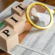 Drewniane klocki z literami "PIT" i lupa na formularzu PIT-36. To pytanie: pit 36 co to jest?