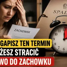 Zmartwiona kobieta trzyma dokument "Zachowek". Obok budzik i akta "Spadek". Przegapienie terminu może oznaczać utratę prawa do zachowku.