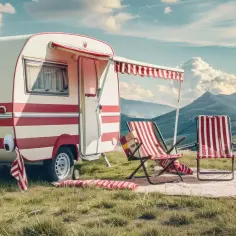 Przyczepa kempingowa w paski, rozłożony namiot i krzesła plażowe. Idealne miejsce na relaks, jak pomalować przyczepę kempingową, by wyglądała tak stylowo.