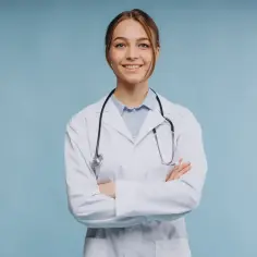 Uśmiechnięta lekarka w białym kitlu ze stetoskopem, zastanawia się, ile zarabia psychiatra.