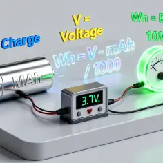 Bateria z oznaczeniem mAh połączona z miernikiem napięcia 3.7V i wskaźnikiem energii Wh. Wyjaśnienie: Wh = Energia.