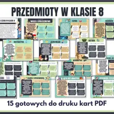 Przedmioty w klasie 8: matematyka, język polski, fizyka, geografia, historia, biologia, chemia, informatyka, religia/etyka, wychowanie fizyczne, zajęcia z wychowawcą.