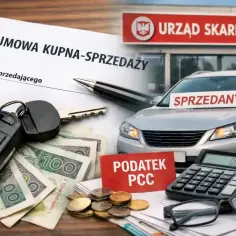 Umowa kupna-sprzedaży samochodu, kluczyki, pieniądze i tabliczka "Podatek PCC" przed Urzędem Skarbowym.