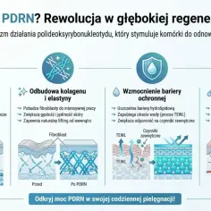 PDRN stymuluje receptory A2A, odbudowuje kolagen i elastynę, wzmacnia barierę ochronną skóry i przyspiesza gojenie.