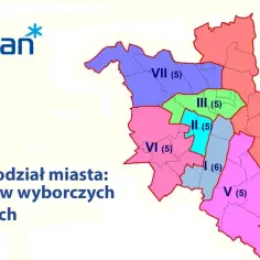 Mapa Poznania z podziałem na 7 okręgów wyborczych, każdy z określoną liczbą radnych. Poznań jakie woj.