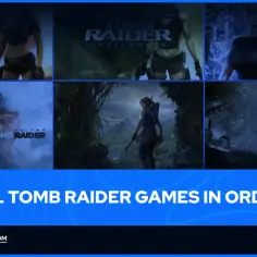 Kolaż z grafikami z różnych części Tomb Raider, w tym z Rise of the Tomb Raider i Tomb Raider Underworld.